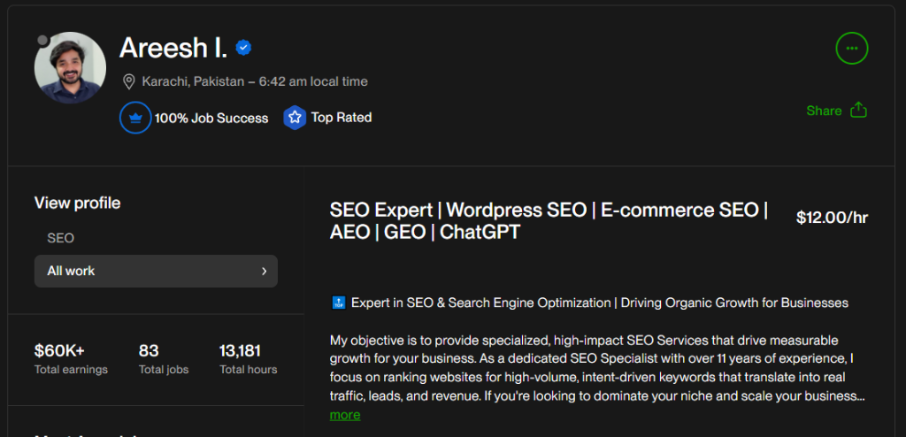 Areesh Ishtiaq Upwork Profile - Top Rated, 100% Job Success Score, $60K+ Earned, 83 Jobs, 13,181 Hours